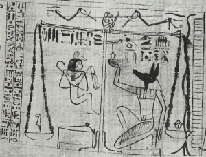 Figure 3: Depictions indicate that the conditions of one’s Afterlife depended on weighing their hearts against the Feather of Ma’at (Hornung 1992: 144)